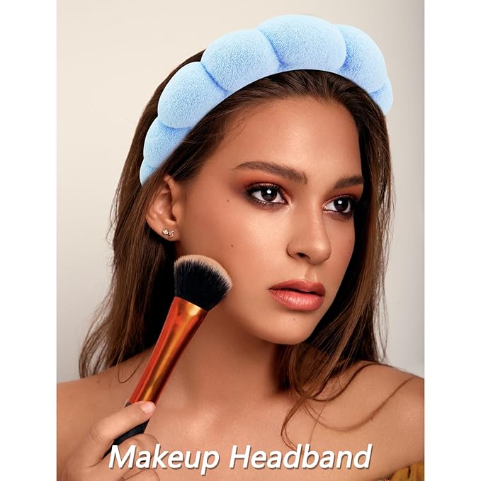 VELSCRUN Spa Headbands for Wash Face, Makeup Headband, Facial Skincare Headbands, 5 Pcs Blue Puffy Sponge Spa Headband Bow Tie Hair Band Hair Clips Wristband Set Women Girls Accessories
