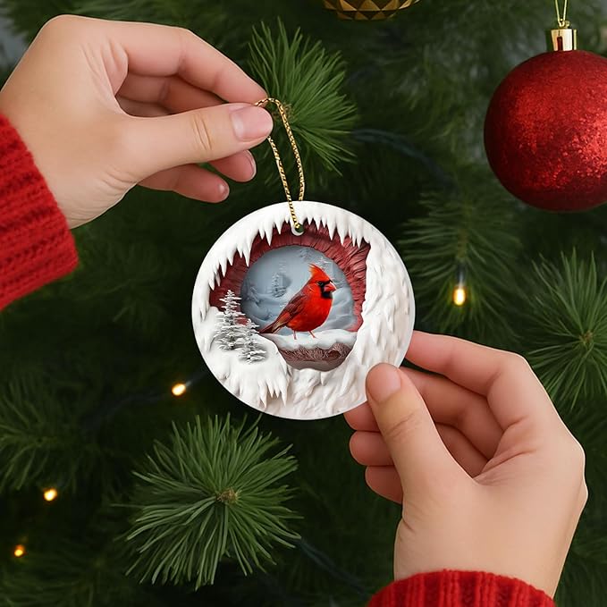 34HD Gifts for Christmas, Cardinal Ornament Ceramic 2-Side Printed, Bird Xmas Holiday Trees Decorations, Animal Memorial Gifts for Women Men Daughter
