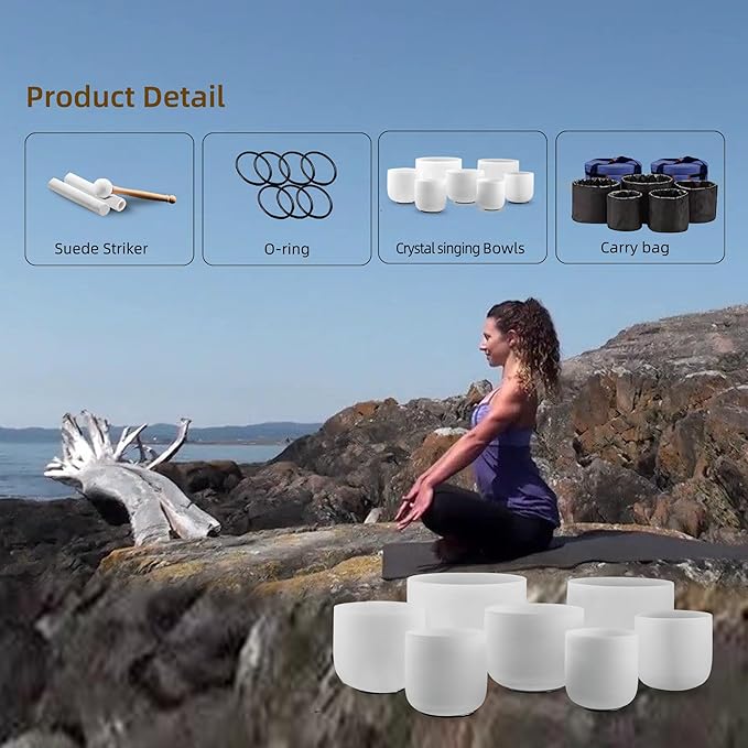 KRESEC 440Hz 7-12 Inch Crystal Singing Bowls Set of 7 – Chakra Tuned Quartz Sound Bowls for Meditation, Yoga & Reiki with Padded Cases, Suede Mallets & Silicone O-Rings