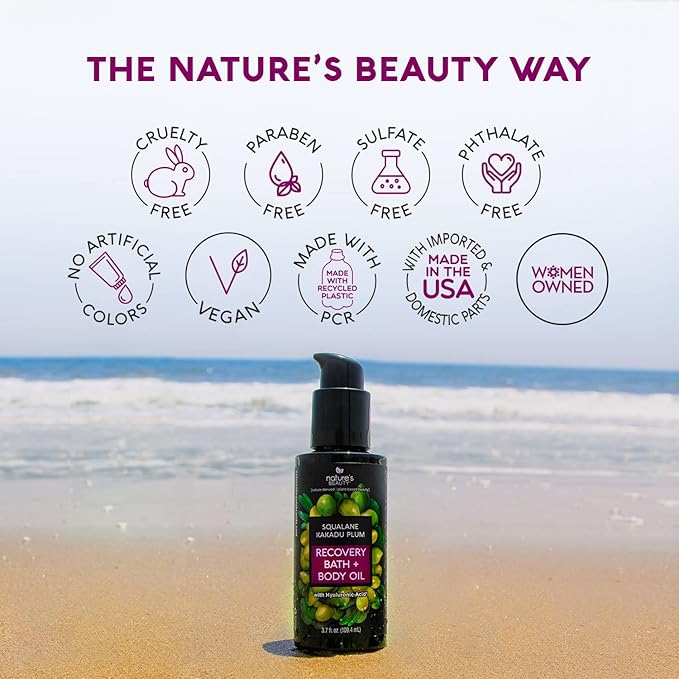 Nature's Beauty Squalane Kakadu Plum Recovery Bath + Body Oil Multi-Pack - Restore & Nourish your Skin, Quick-Absorbing, Made w/Hyaluronic Acid + Vitamin C + Almond Oil, 3.7 fl oz (2 Pack)