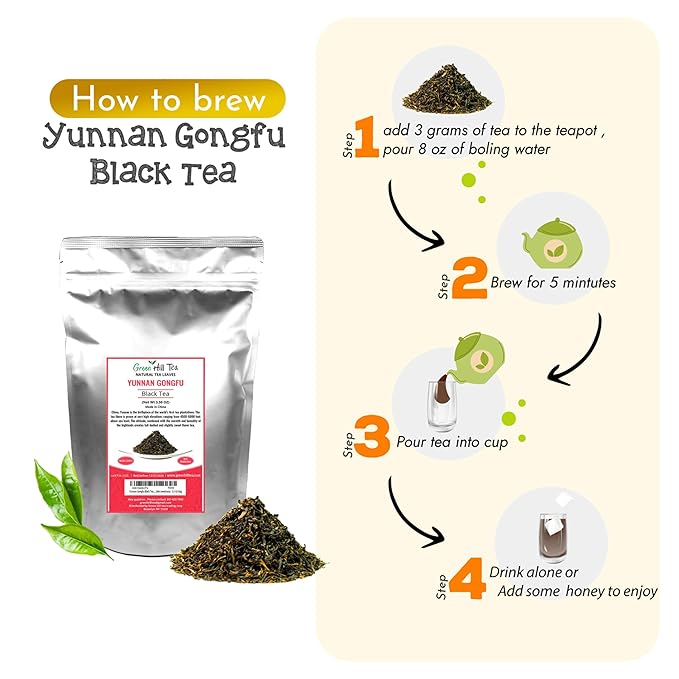 Greenhilltea Golden yunnan tea, Yunnan Gongfu Black Tea, Natural Black Tea with Excellent fullness with subtle sweetness– 3.5 Oz Bag