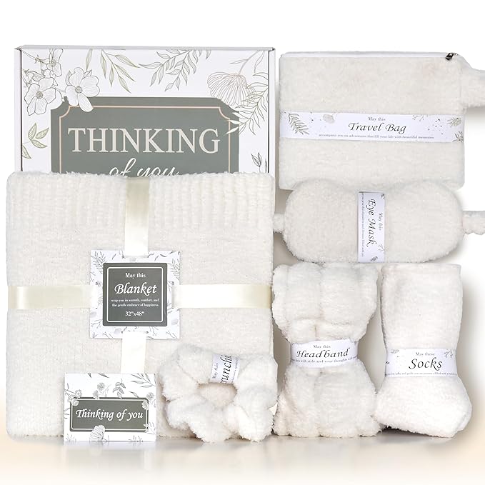 JOOJA Birthday Get Well Soon Cozy Gift Basket Care Package for Women with Blanket, Fuzzy Socks, Eye Mask, Headband Cozy Essentials - White