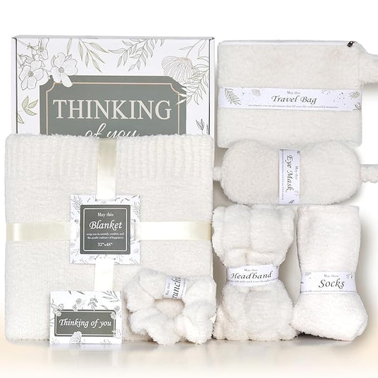 JOOJA Birthday Get Well Soon Cozy Gift Basket Care Package for Women with Blanket, Fuzzy Socks, Eye Mask, Headband Cozy Essentials - White