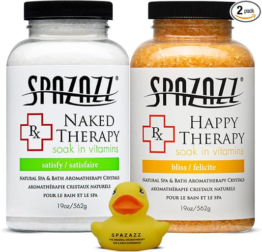 Spazazz Hot Tub Aromatherapy Bath Salt Crystals 2 Pack- Happy and Naked Therapy 19 oz Jars Plus a Spazazz Rubber Duck- Relaxing Hot Tub Aromatherapy Bath Salts- Safe for All Spa and Hot Tub Equipment