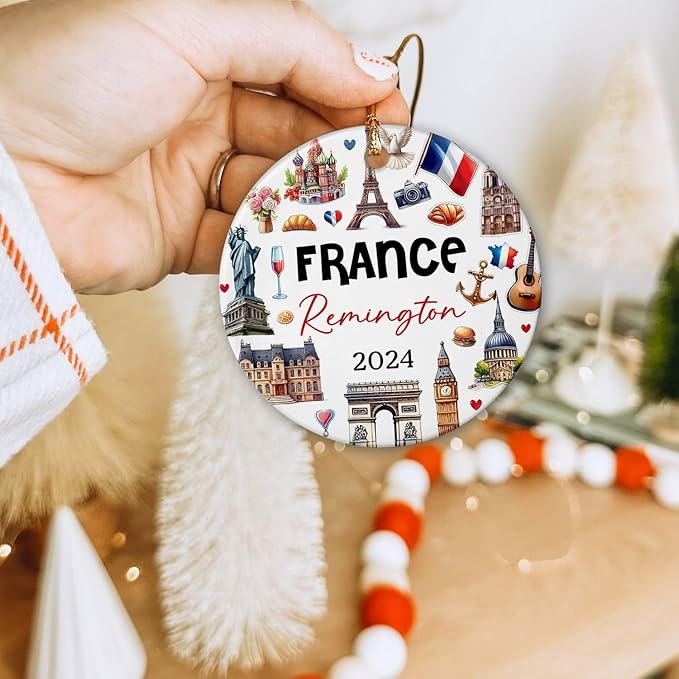 France Ceramic Ornament Christmas 2025, Personalized Paris Culture and Landmarks Xmas Decor, France City Souvenir Christmas Ornament Gifts for Traveller, Custom Name Classical France Ceramic Ornament