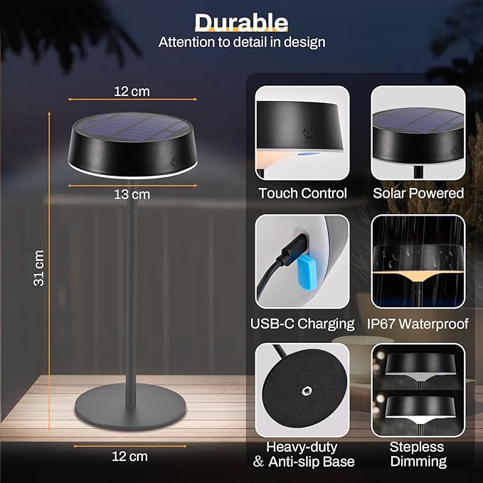Lacasa Cordless Solar Table Lamps Rechargeable, 2 Pack Touch Dimmable Battery Operated Table Lamp, 200LM 3 Modes LED Desk Lamp IP67 Waterproof Portable Lamp Table Night Light for Indoor and Outdoor