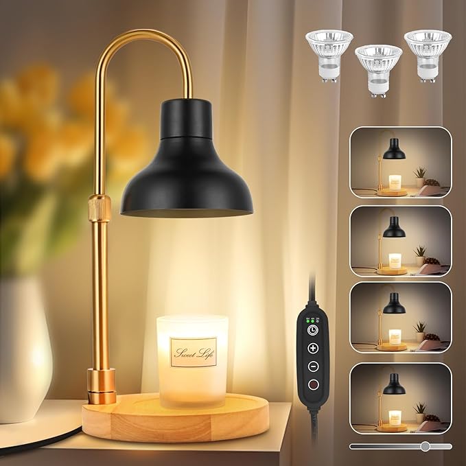 Candle Warmer Lamp with Timer & 3 Bulbs, Dimmable Electric Candlelight Adjustable Height and Brightness Candle Wax Warmer for Jar Candles Bedroom Home Decor House Warming Gift for Women (Black)