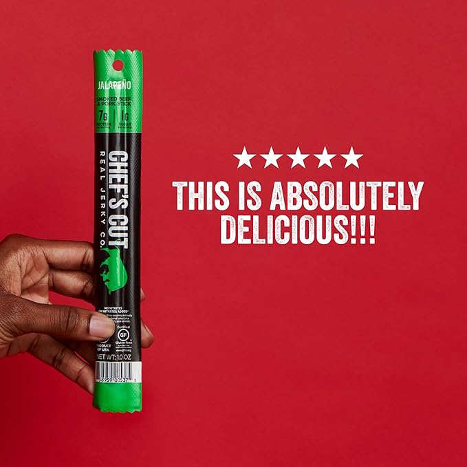 Chef's Cut Smoked Beef and Pork Jerky Meat Sticks, Jalapeño (1 Ounce Stick, Pack of 12) - High Protein, 8g Protein, 90 Calories, Gluten-Free, Individually Wrapped, Keto Friendly Snack, Low Carb Snack