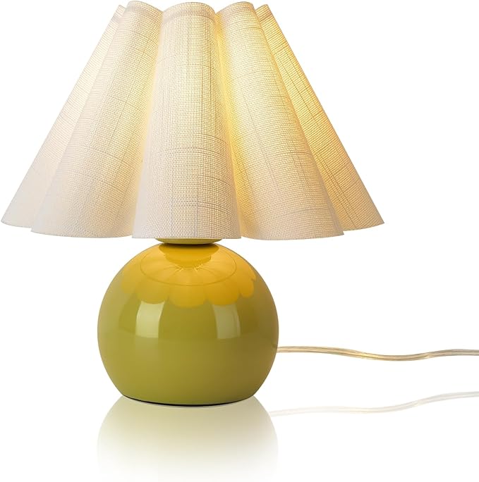Green Small Bedside Mini Table Lamp for Bedroom, Cute Bedroom Lamps for Nightstand, Cute Mini Table Lamps for Small Spaces with Scalloped Shade for Kitchen Counter, Bookshelf, Kids Dorm