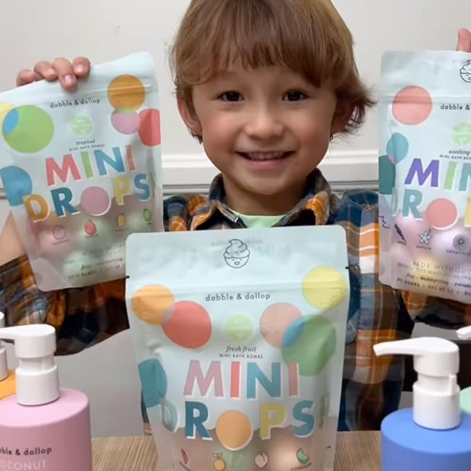Dabble & Dollop Mini Bath Bombs, 100% Natural Droplets for Kids, Variety Pack - Resealable Pouches, USA Made, Fizzy, Moisturizing & Fun, Vegan, Gluten-Free, Cruelty-Free (Set of 36)