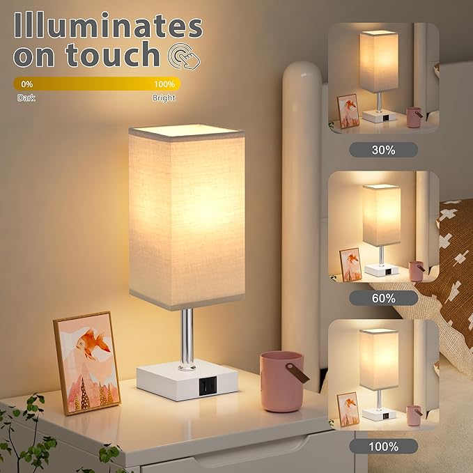 Ambimall Touch Control Table Lamp with USB A+C Charging Ports - 3 Way Touch Lamps Bedside, Nightstand Lamp for Bedrooms Living Room Nursery, LED Bulb Included(Grey Shade)