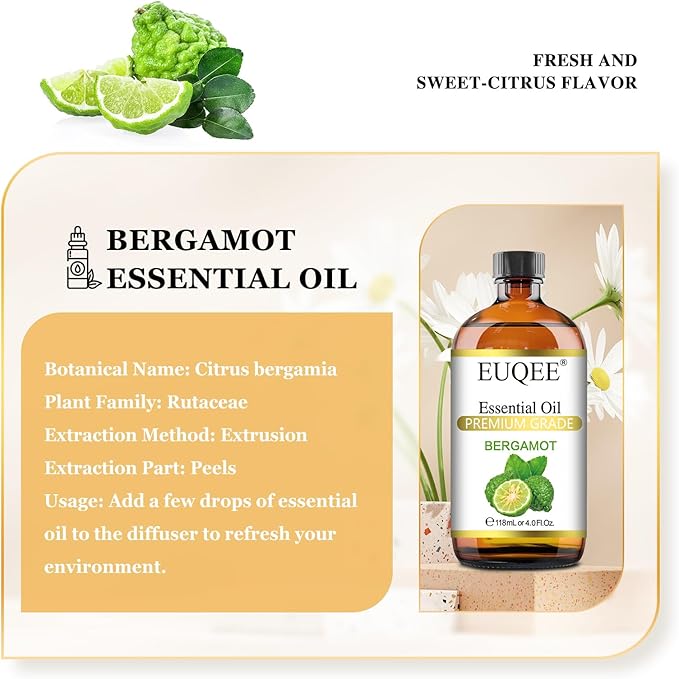 EUQEE Bergamot Essential Oil 118ml Pure Bergamot Oil for Aromatherapy, Diffuser, Sopa Candle Making, Large Bottle with Gift Box -4 fl.oz