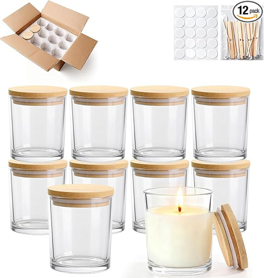 7oz Glass Candle Jars, 12-Pack Candle Jars for Making Candles, Empty Thick Glass Wide-Mouth Jars with Bamboo Lids & Wick Kits, Candle Containers Bulk - Clear