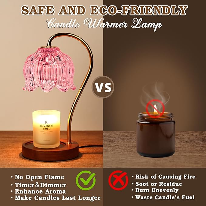 Pink Candle Warmer Lamp with Timer, Dimmable Candle Lamp Warmer, Birthday Gift Idea for Women Mom Who Have Everything, House Warming for New Home, Lotus Wax Melt Warmer for Jar Candles