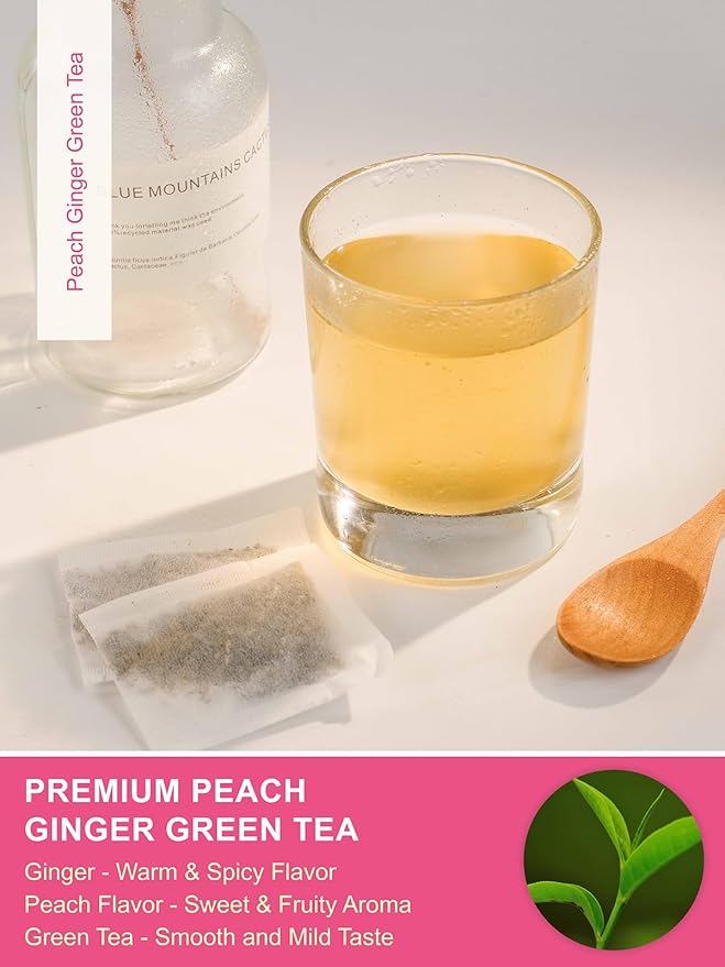 TeeLux Peach Ginger Green Tea, Brisk Green Tea with Spicy Ginger & Aromatic Natural Peach Flavor, Low Caffeine, 100 Count