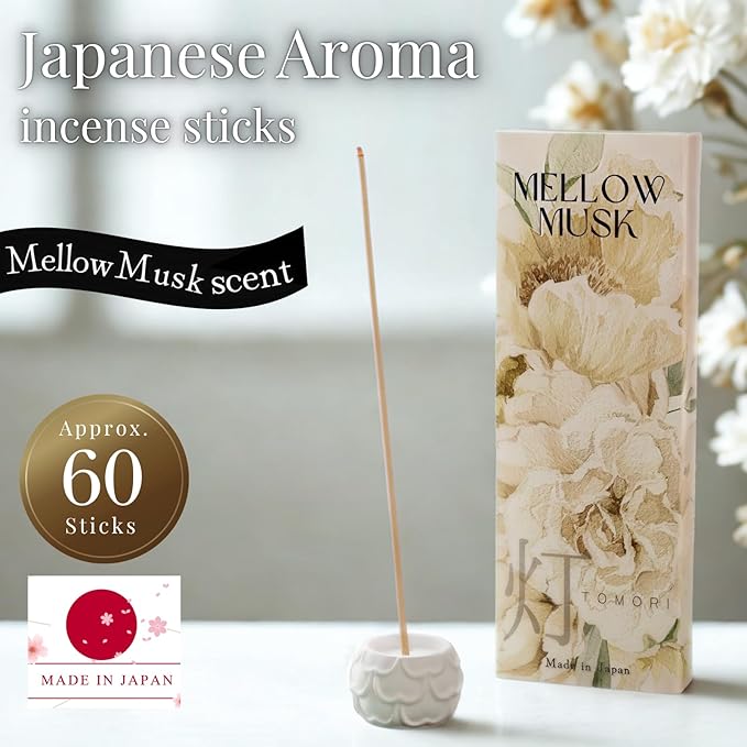 Luxury Japanese Incense Sticks 60sticks Mellow Musk White Musk Bergamot Vanila Coreless Low Smoke Natural Charcoal Free Non Toxic Aromatherapy Meditation Calming Stress Relief Relaxation Yoga TOMORI