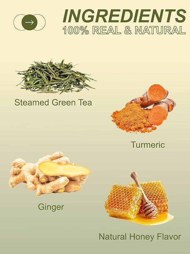 TeeLux Ginger Turmeric Green Tea Bags, Smooth Steamed Green Tea with Spicy Ginger, Earthy Turmeric & Sweet Honey Aroma, 100 Count, Hot & Iced Tea