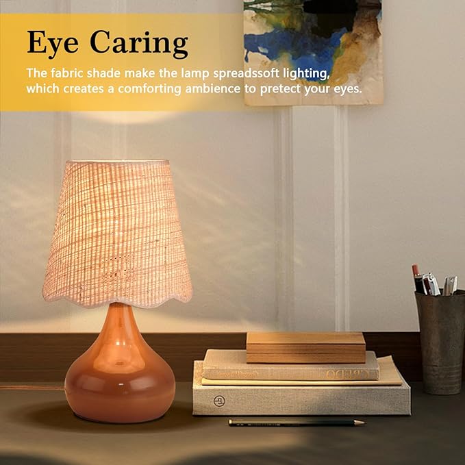 Brown Small Bedside Table Lamp for Bedroom, Farmhouse Bedroom Lamps for Nightstand, Rattan Lamp Shade Table Lamps for Small Spaces for Kitchen Counter, Home Office, Living Room, Kids Dorm