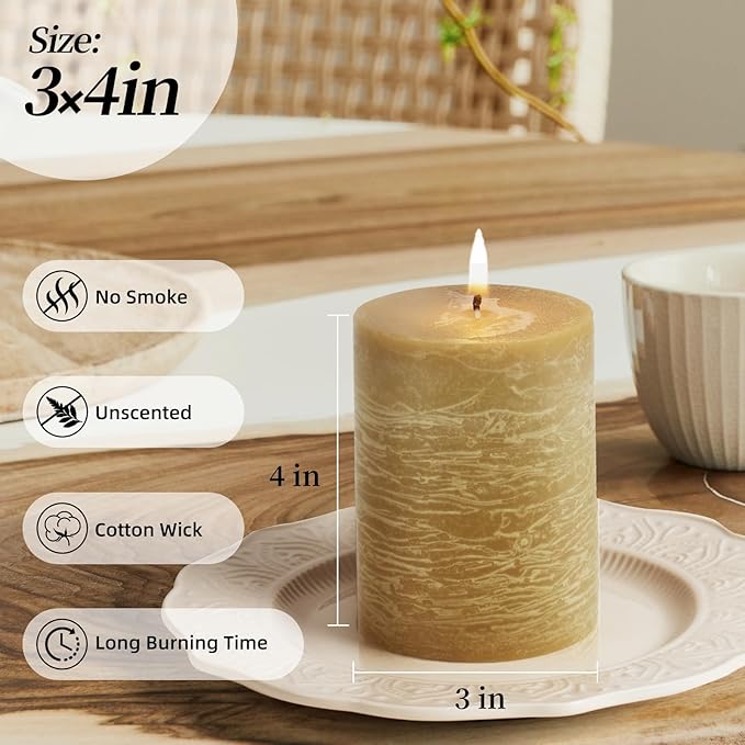 KONNI Wax Yellow Pillar Candles Set of 3, 3"x 4" Unscented Pillar Candles Bulk, 39 Hours Long Burning Candles, Smokeless&Dripless Large Round Candle for Wedding, Home Decoration, Parties, Spas, Dinner