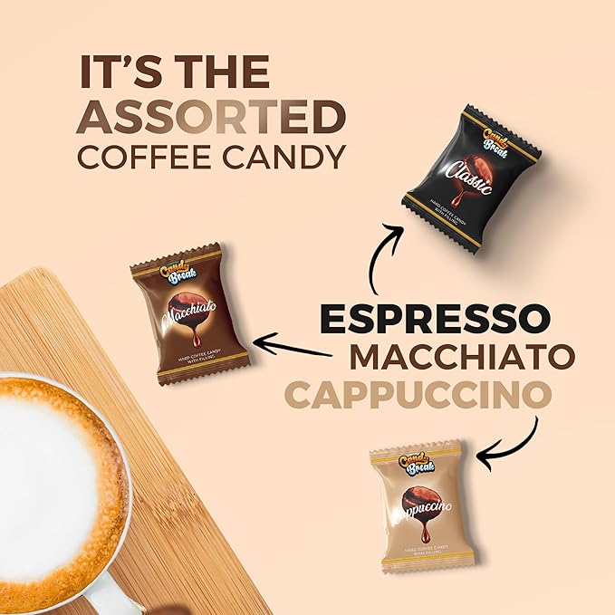 Candy Break Coffee Drops, Center Filled Hard Candy, Coffee Candy Individually Wrapped, Macchiato, Espresso, Cappuccino Flavored Candies, Caffeine Candies 2.2 Pound Bulk Bag, Variety Pack of 1