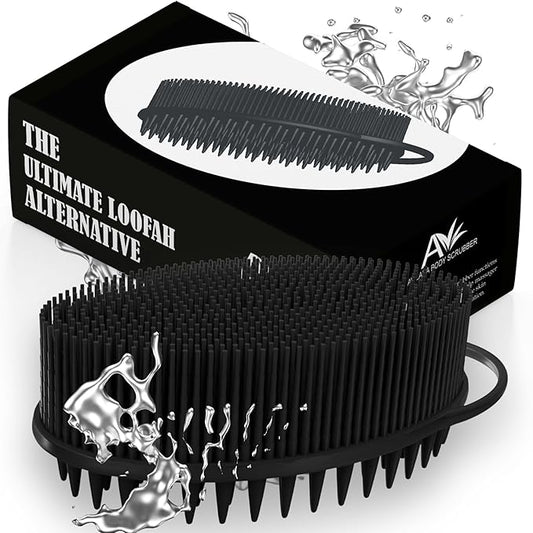 Avilana Silicone Body Scrubber - Food Grade & Lab Tested, Gentle Exfoliating Shower Brush for All Skin Types, Hygienic Quick-Dry Loofah Alternative (Black, Scalp-Silver)