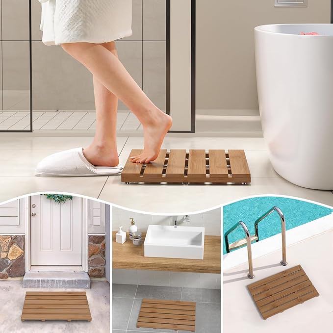Domax Wooden Bamboo Bath Shower Mat- Non-Slip Waterproof Large Bathroom Floor Mat for Indoor Outdoor (Walnut, 21.26 x 14.17 x 1.3 Inches)