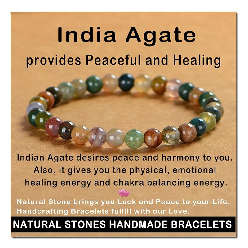 AD Beads Handmade Gemstone Stretch Elastic Bracelet Crystal Healing Reiki Nature's Beauty and Spiritual Essence Unisex (6mm, Indian Agate)