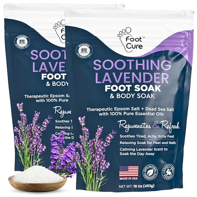 FOOT CURE Soothing Lavender Foot Soak - Pedicure Foot Spa with Epson Salts for Soaking Feet - Foot Massager Spa - Foot Scrubber Dead Skin Remover - Epsom Salt Bath Soak (Pack of 2)