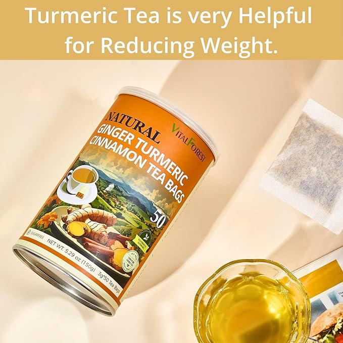 50 Premium Turmeric Ginger Cinnamon Tea Bags| Vitalforest Natural Ginger Tea Bags| Pure Turmeric Tea| Herbal Cinnamon Tea| Supports Digestion, Caffeine Free
