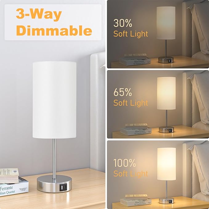 AKASUKI Table Lamp for Bedroom, 3 Way Dimmable Touch Lamp with Dual Charging Station, Small Bedside Lamps for Night Stands, Living Room, Office(LED Bulb Included)