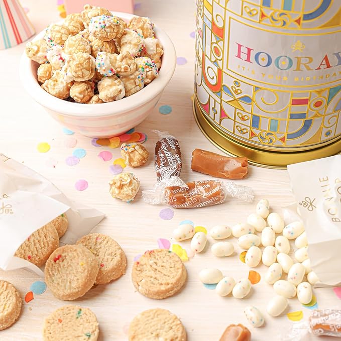 Birthday Gift Basket | Popcorn, Sweets, Candy, Cake Flavors | Tin Spins, Plays Music Happy Birthday | Bonnie and Pop