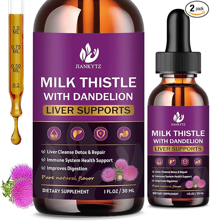 Milk Thistle Supplement for Liver Cleanse Detox & Repair, Liver Detox Drops with Organic Milk Thistle Seed, Artichoke Extract, Dandelion, Turmeric and Vegan, Non-GMO, Gluten-Free (2 Pack, 1 Fl Oz)