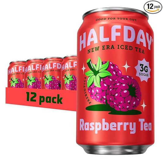 HALFDAY Prebiotic Raspberry Iced Tea Cans, Supports Digestive & Gut Health, 6g Plant Fiber & Prebiotics, Low Sugar, 35 Calories, Real Brewed Tea, Natural Caffeine, Gluten Free, 12 fl oz (12 pack) Packaging May Vary