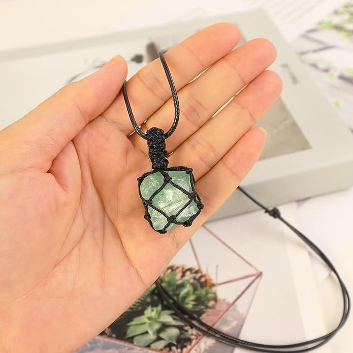 Handmade Natural Gemstone Crystal Pendant Necklace Stone Holder Necklace Cord Net Necklace with Adjustable Length for Women Men