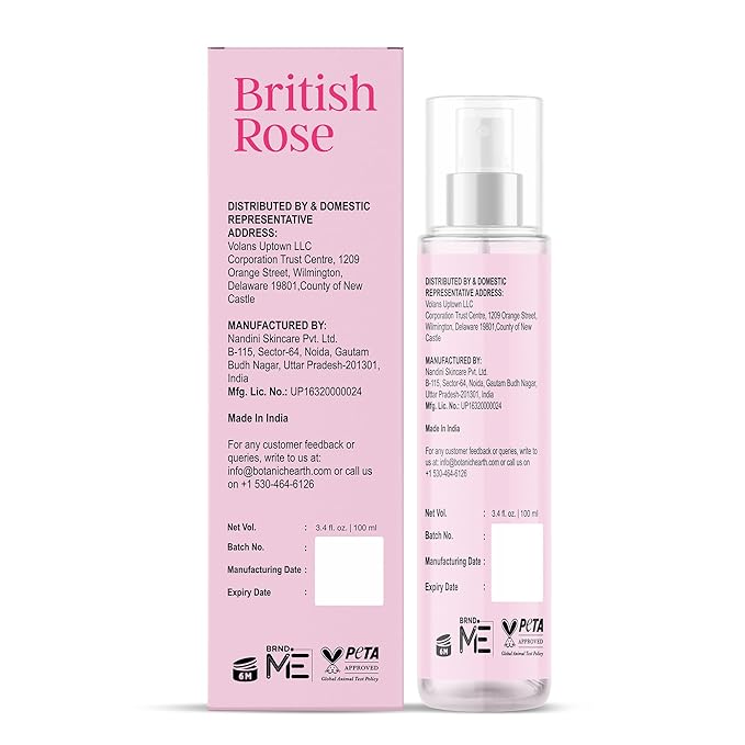 Botanic Hearth British Rose Hair & Body Perfume Mist with Hyaluronic Acid, Alcohol-Free, Refreshing & Hydrating Body Spray, Long Lasting Floral Fragrance, 100 ml / 3.4 fl oz