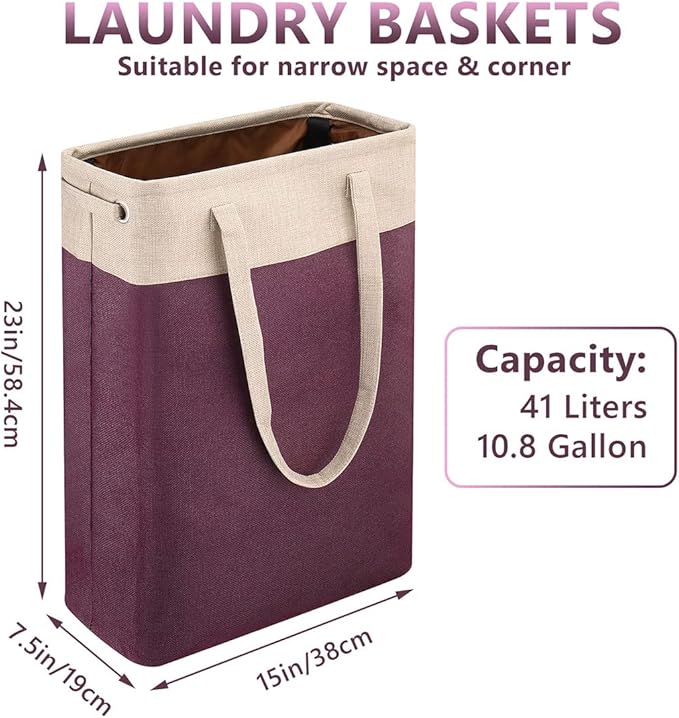 i BKGOO Laundry Basket with Handles Beige&Burgundy Slim Laundry Bin Collapsible Dirty Clothes Basket Narrow Laundry Bag Foldable Dirty Hamper for Camping, Dorms, Apartments