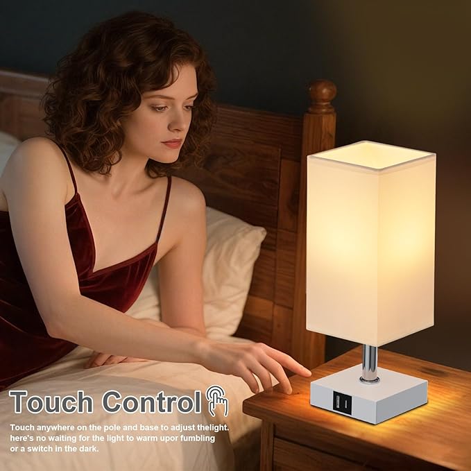 Ambimall Touch Control Table Lamp with USB A+C Charging Ports - 3 Way Touch Lamps Bedside, Nightstand Lamp for Bedrooms Living Room Nursery, LED Bulb Included(White Shade)