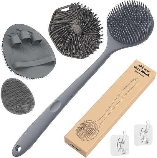 Manmihealth Silicone Back Scrubber & Soft Bath Glove Set 4 PCS(Thin Bristles), Super-Exfoliating Body Scrubber & Super-Lathering Shower Brush Combination, with 2 Free Hooks (Gray)