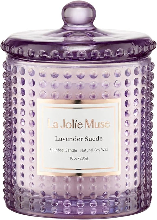 LA JOLIE MUSE Lavender Suede Candle - Lavender, Eucalyptus, Sandalwood | 10 oz Natural Soy Wax | 55 Hours Clean Burn | Aromatherapy Candle | Perfect for Relaxation, Self-Care and Meditation