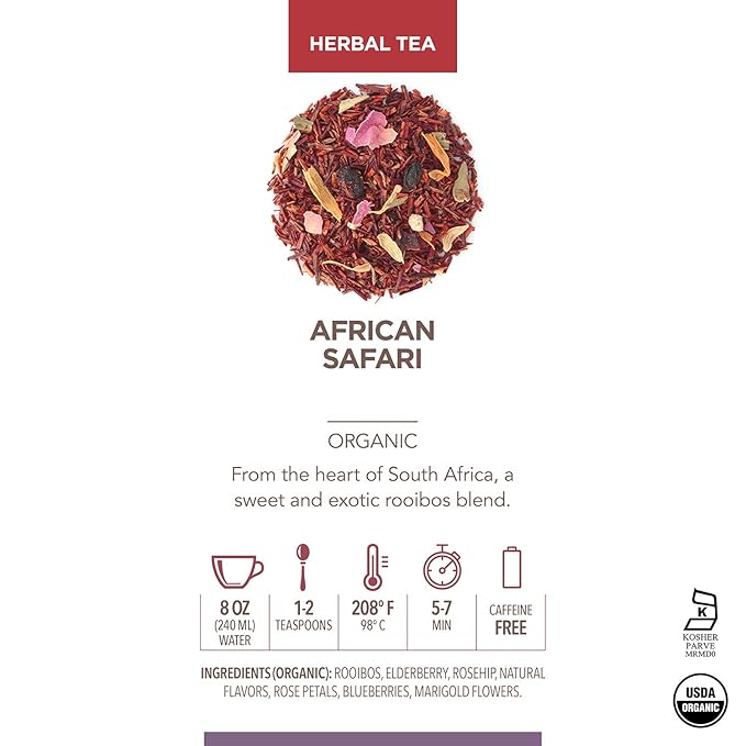 Teabloom Organic Herbal Tea, African Safari Loose Leaf Tea, Sweet Rooibos Blend with Berry Flavors and Vanilla, USDA Certified Organic, Fresh Whole Leaf Blend in Reusable Gift Canister, 3.53 oz/100 g Canister Makes 35-50 Cups