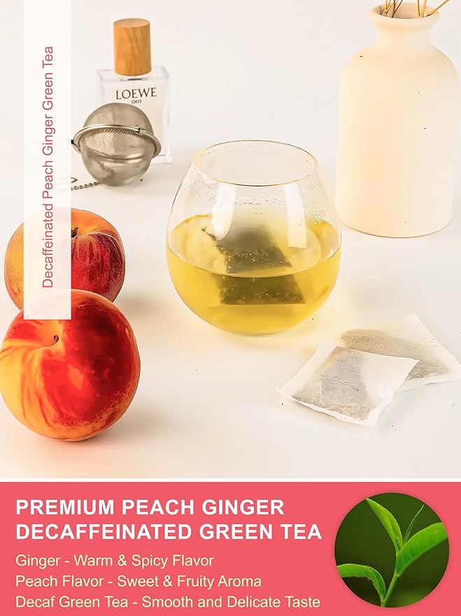 TeeLux Decaf Peach Ginger Green Tea, Mild Decaffeinated Green Tea with Spicy Ginger & Aromatic Natural Peach Flavor, 100 Count
