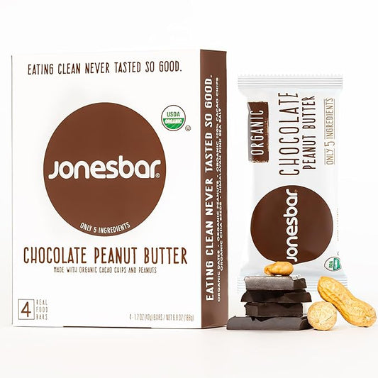 JONESBAR (Chocolate Peanut Butter, 4 Count (Pack of 1)), USDA Organic Fruit & Nut Bar, Non-GMO, Kosher, Vegan, Gluten Free, Simple Snack Bar