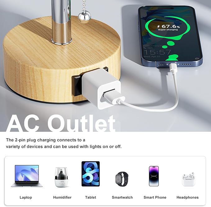 Fenmzee Wood Grain Bedside Table Lamps Set of 2-3 Color Temperatures Pull Chain Lamp with AC Outlet Charging Port, Round Night Stand Lamps for Bedroom Office, Small Bed Light with E26 LED Bulbs