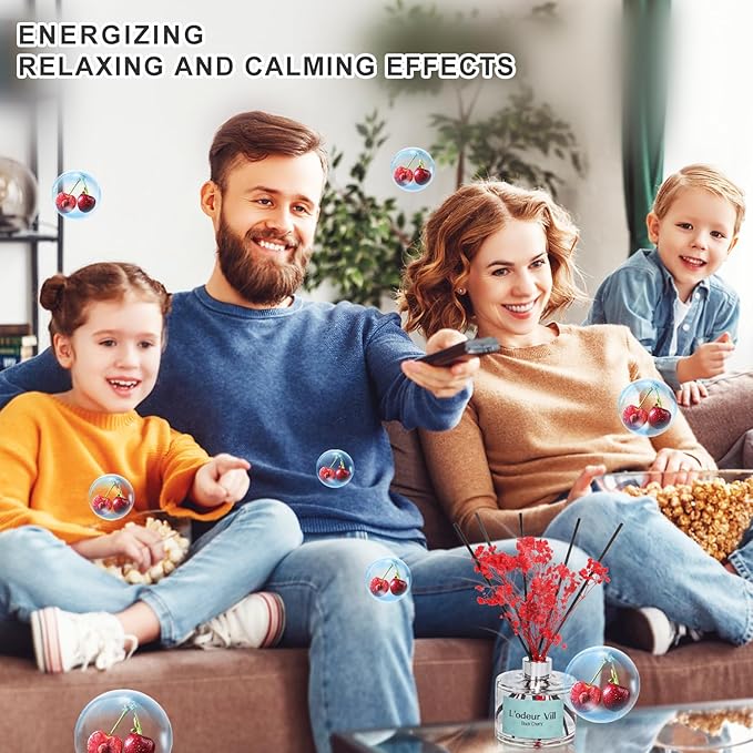 L'odeur Vill Reed Diffuser Set - Black Cherry Scented Home Fragrance, 6.7 oz (200ml) with 6 Oil Diffuser Sticks for Large Rooms and Bathroom Decor