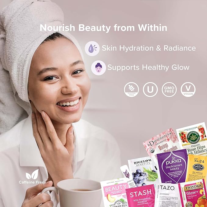 Skin Glow Wellness Tea Sampler - 40 Tea Bags, 10 Flavors - Hibiscus, Rosehip, Aloe Vera, Licorice Root - Vegan, Gluten-Free, Organic Herbal Tea Gift for Skincare Lovers
