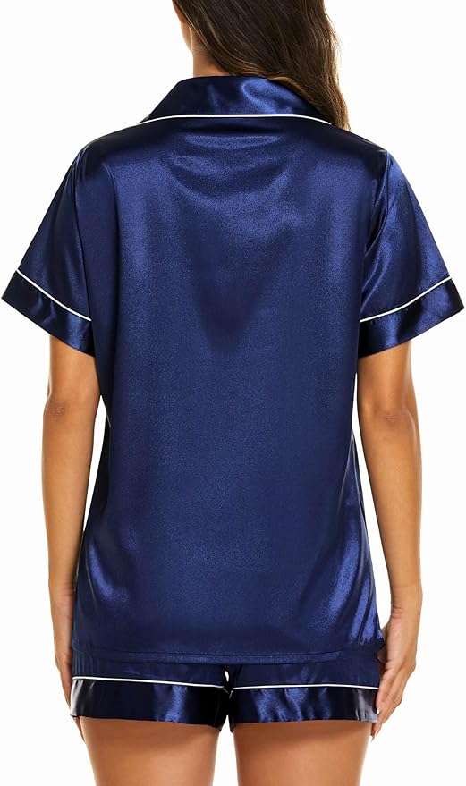 Ekouaer Silk Pajamas for Women Short Sleeve Sleepwear Soft Button Down Loungewear 2 Piece Satin Pjs Shorts Set S-XXL