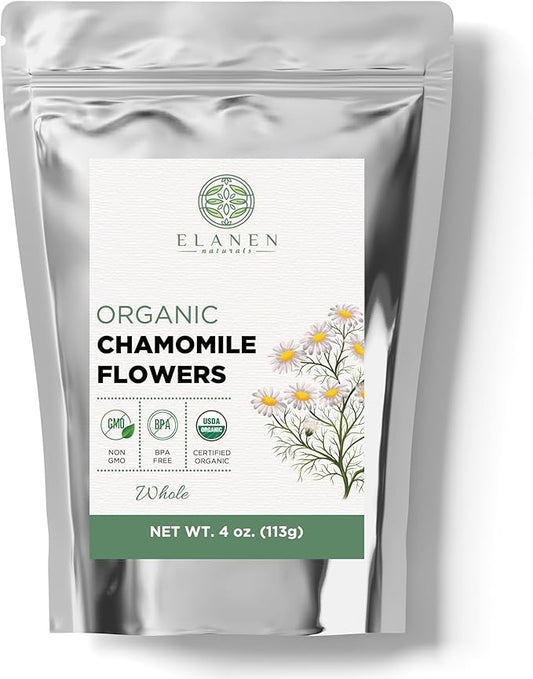 Elanen Naturals Organic Chamomile Flowers 4 oz. (113g), USDA Certified Organic Camomile Manzanilla Tea Loose Leaf, German Chomomile Golden Chamomeal Herb, Whole