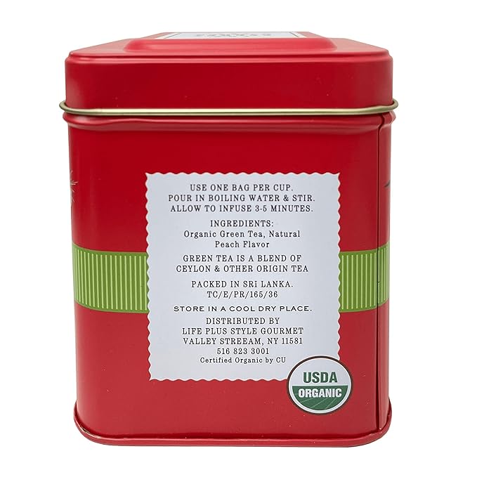 Organic Peach Ceylon Green Tea - 50 Packets - Natural Antioxidant Rich Herbal Leaf Teabags - USDA Certified 100% Non-GMO - Caffeinated Designer Gift Tin