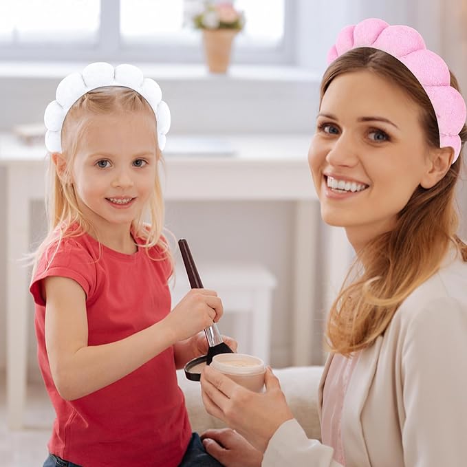 AMCAMI Puffy Spa Headband for Women 2 PCS Sponge Headbands for Girls Terry Towel Cloth Fabric Head Band for Skincare,Makeup Removal,Face Washing,Facial Mask,Shower,Hair Accessories（White&Light Pink）