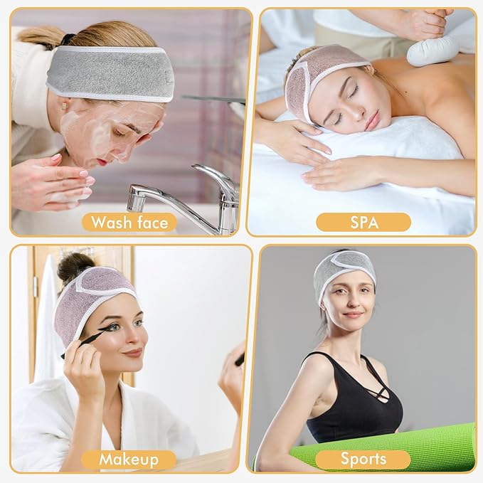 SINLAND Spa Headband for Women 3 Counts Ultra Soft Adjustable Makeup Hair Band with Magic Tape, Terry Cloth Stretch Head Wrap for Face Washing, Bath, Shower, Facial Mask, Yoga